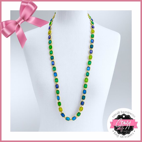 Long Necklace with Blue and Green Accents, Gold-tone - Picture 1 of 8